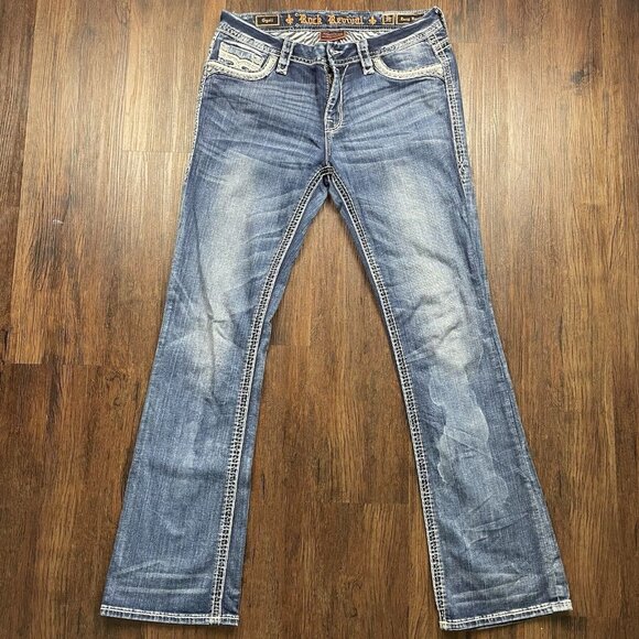 Rock Revival Easy Boot Cut Jeans Women 30 Blue Dark Wash Rhinestone Sequin - Picture 1 of 14